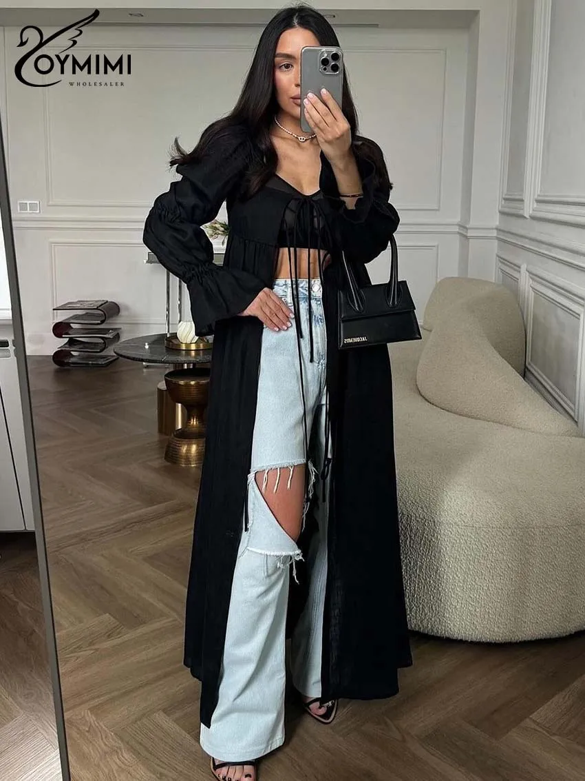 Oymimi Fashion Black Lace-Up Dresses 2025 Woman Elegant Square Neck Long Sleeve Dresses Casual High Waisted Ankle-Length Dress