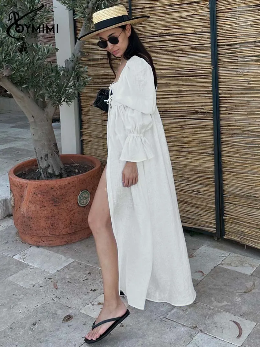 Oymimi Fashion Black Lace-Up Dresses 2025 Woman Elegant Square Neck Long Sleeve Dresses Casual High Waisted Ankle-Length Dress