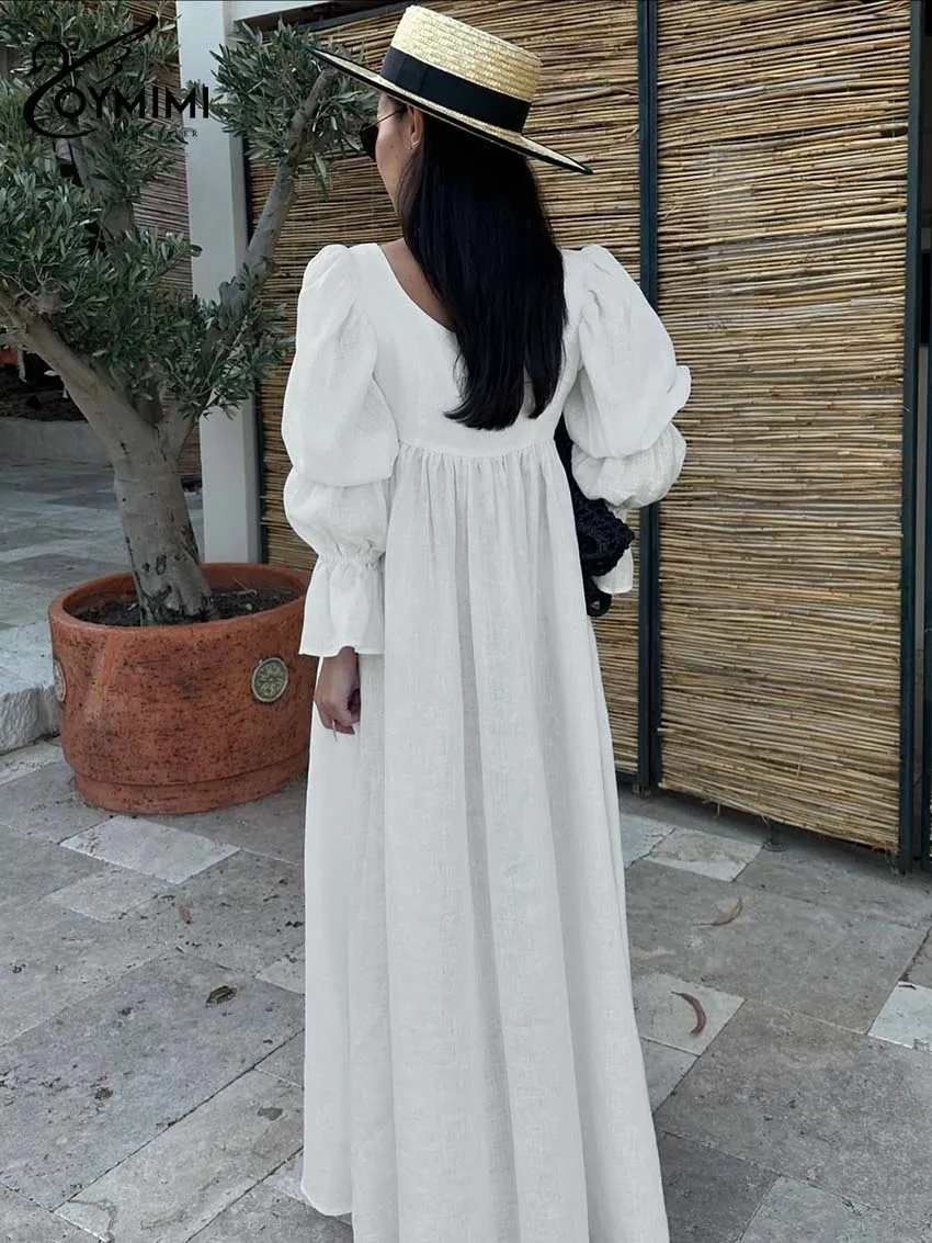 Oymimi Fashion Black Lace-Up Dresses 2025 Woman Elegant Square Neck Long Sleeve Dresses Casual High Waisted Ankle-Length Dress