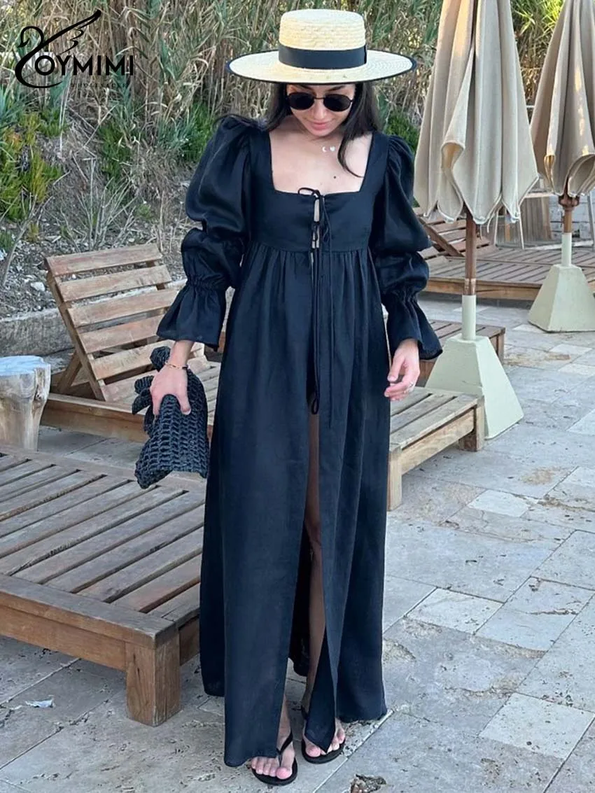 Oymimi Fashion Black Lace-Up Dresses 2025 Woman Elegant Square Neck Long Sleeve Dresses Casual High Waisted Ankle-Length Dress