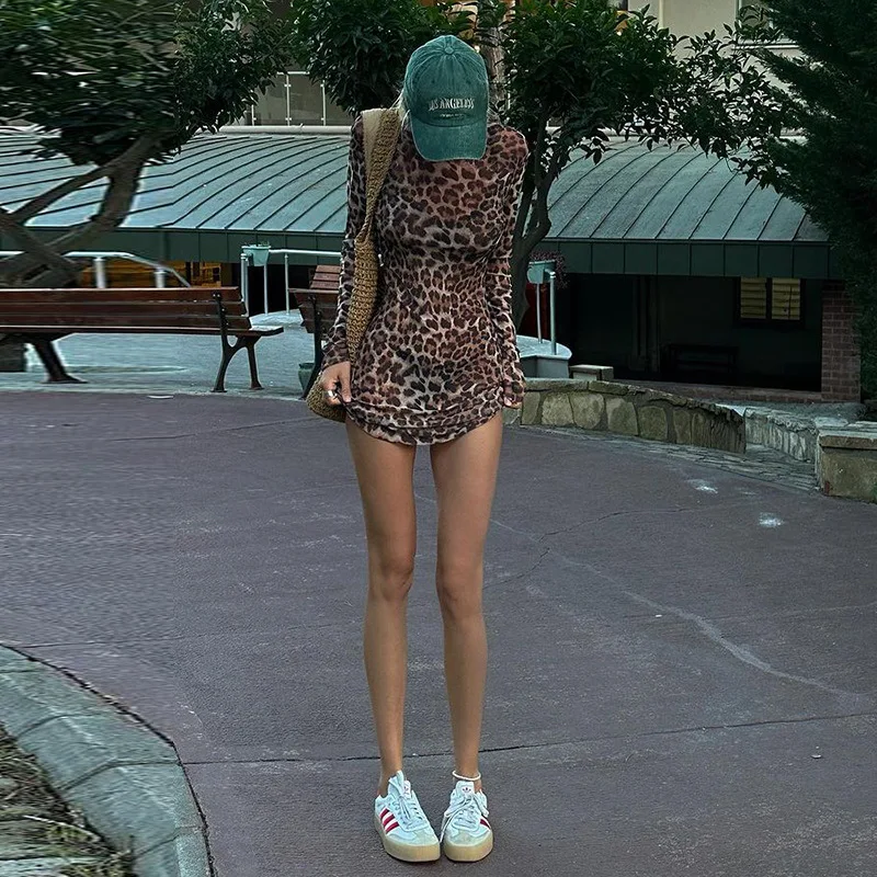 Shestyle Leopard Sexy A-Line Dress Women Two Piece Sets Mesh See Through Fashion Extremely Hot High Street Animal Print Stylish