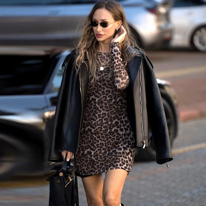 Shestyle Leopard Sexy A-Line Dress Women Two Piece Sets Mesh See Through Fashion Extremely Hot High Street Animal Print Stylish