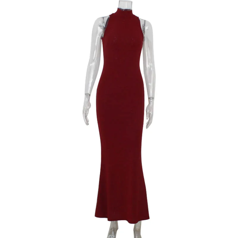 2025 New Women's Elegant Shiny Party Bodycon Robes Sexy Slim Sequins Red Sleeveless Long Dress Fashion Solid Maxi Gown Dresses
