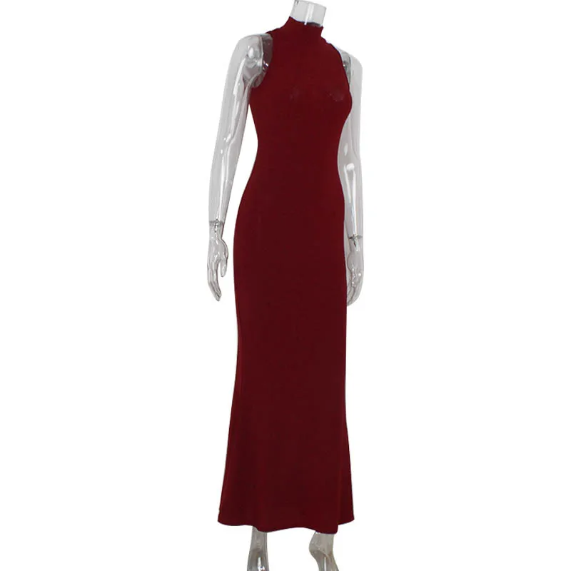 2025 New Women's Elegant Shiny Party Bodycon Robes Sexy Slim Sequins Red Sleeveless Long Dress Fashion Solid Maxi Gown Dresses