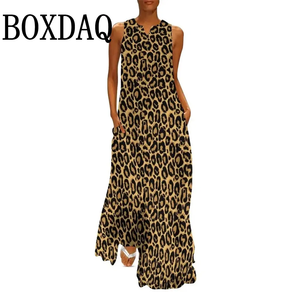 Summer Women Leopard Graphic Print Dress Fashion Elegant Casual V-Neck Sleeveless Tank Long Dresses Ladies Sexy Loose Maxi Dress
