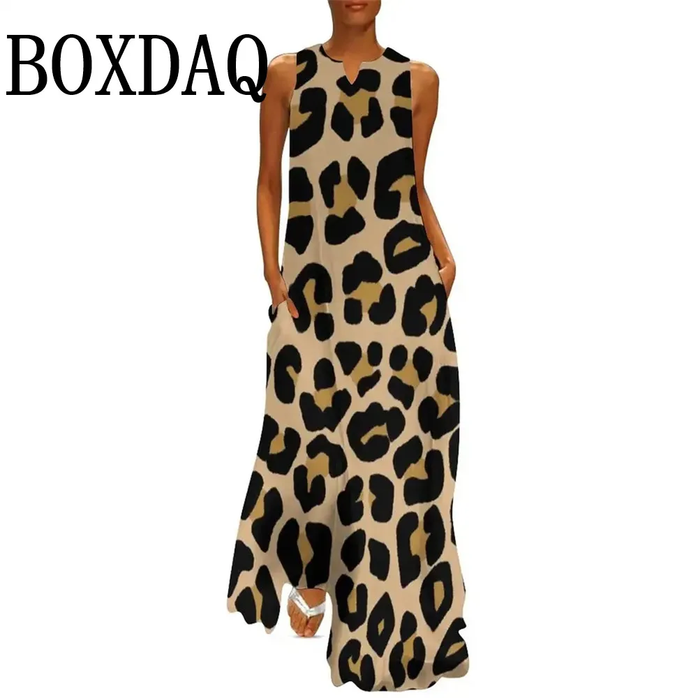 Summer Women Leopard Graphic Print Dress Fashion Elegant Casual V-Neck Sleeveless Tank Long Dresses Ladies Sexy Loose Maxi Dress