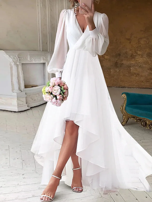 Women Chiffon Dress Balloon Sleeve Silhouette High Low Hem V-neck Elegant White Mesh Slim Fit Wedding Party Holiday Beach