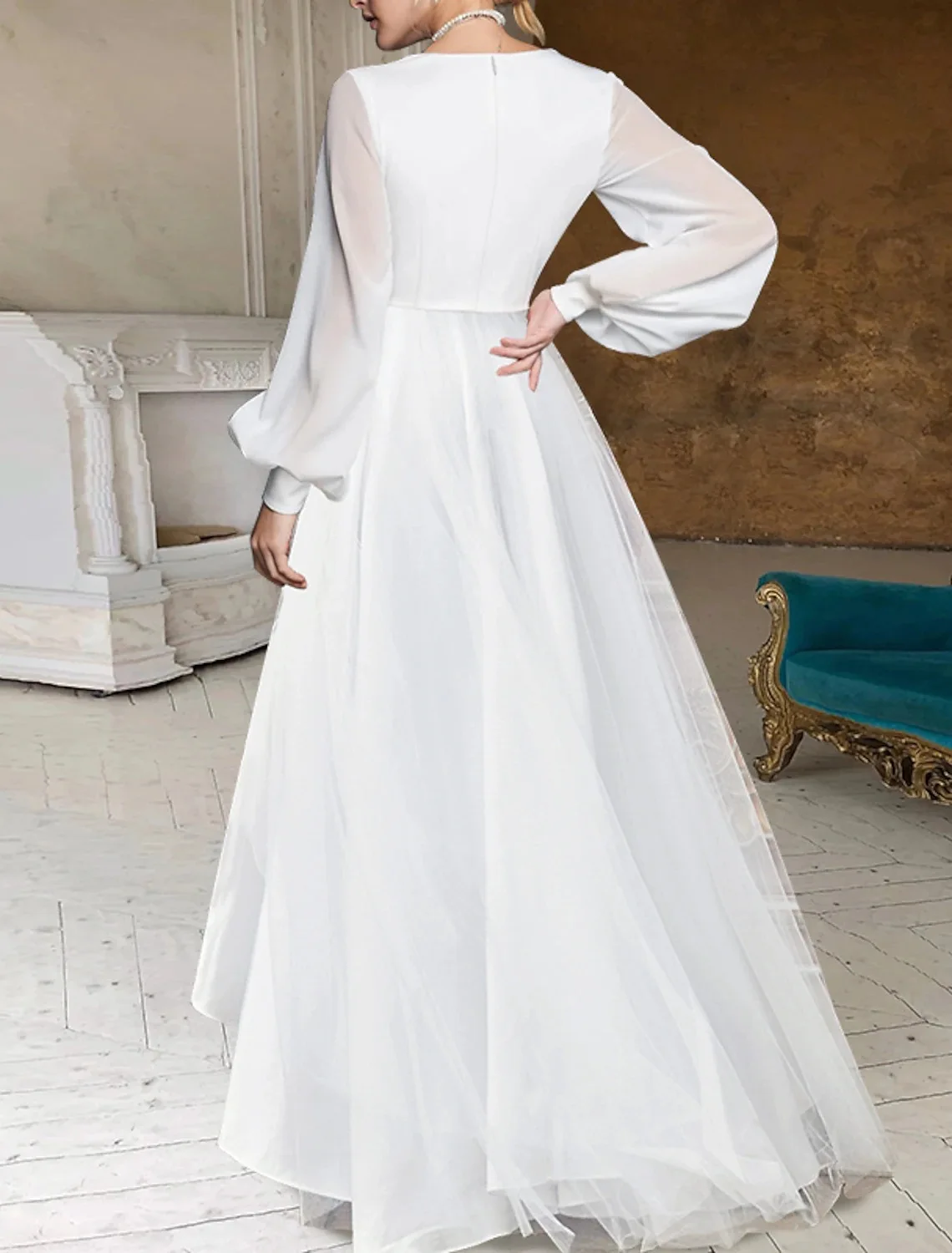 Women Chiffon Dress Balloon Sleeve Silhouette High Low Hem V-neck Elegant White Mesh Slim Fit Wedding Party Holiday Beach