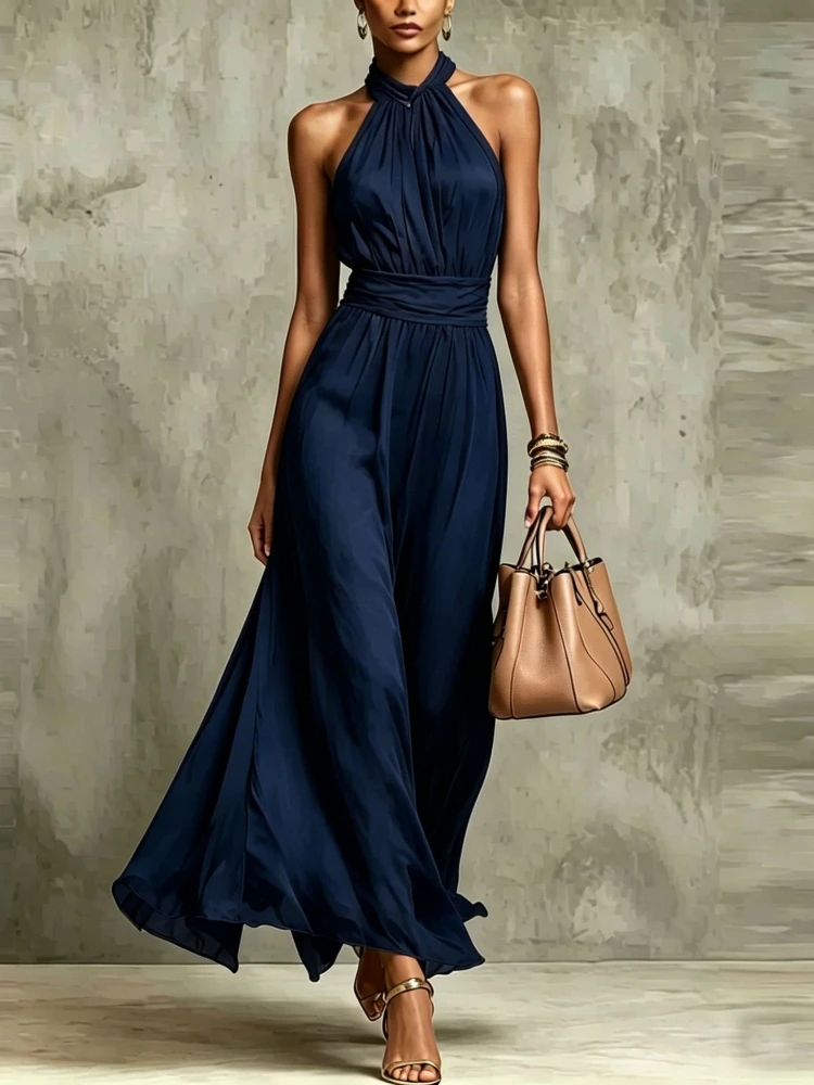 Elegant Chiffon Dress 2026 Fashion New Women Solid Halter Maxi Dress Sleeveless High Neck Ruched Waist Evening Party Dress