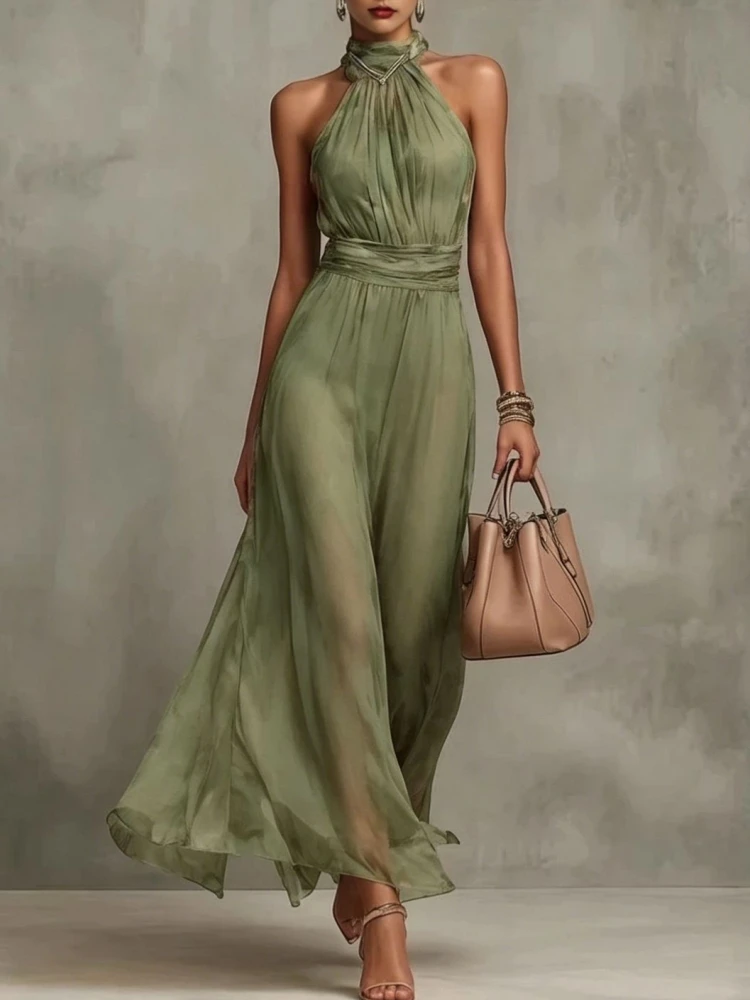 Elegant Chiffon Dress 2026 Fashion New Women Solid Halter Maxi Dress Sleeveless High Neck Ruched Waist Evening Party Dress