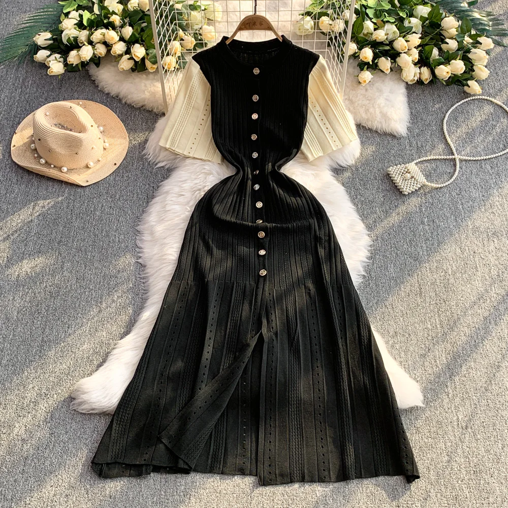 YuooMuoo Women Dress 2026 Spring and Summer Elegant Patchwork One-Piece Knitted Maxi Dress Office Lady Slim Waist Sweater Dress