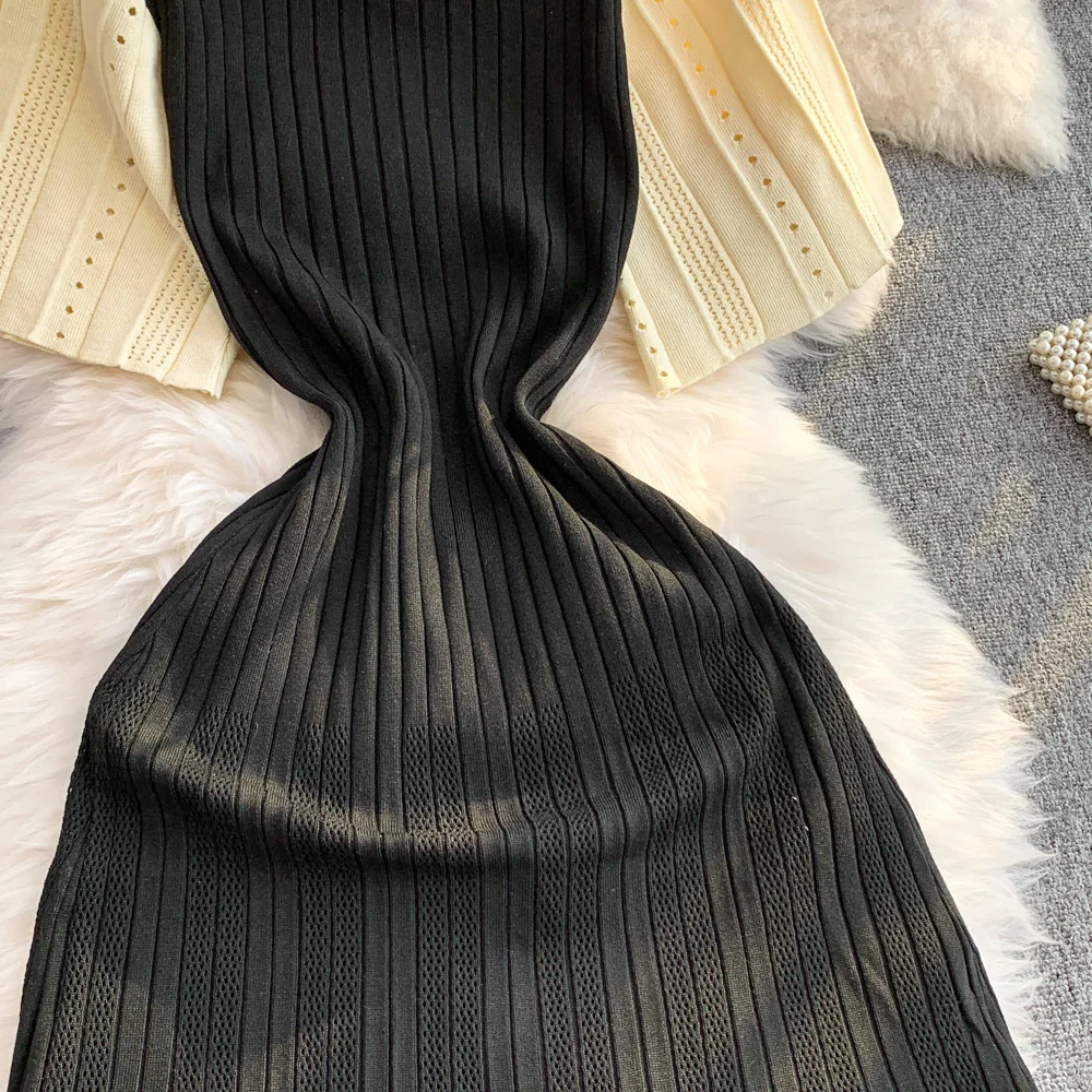 YuooMuoo Women Dress 2026 Spring and Summer Elegant Patchwork One-Piece Knitted Maxi Dress Office Lady Slim Waist Sweater Dress