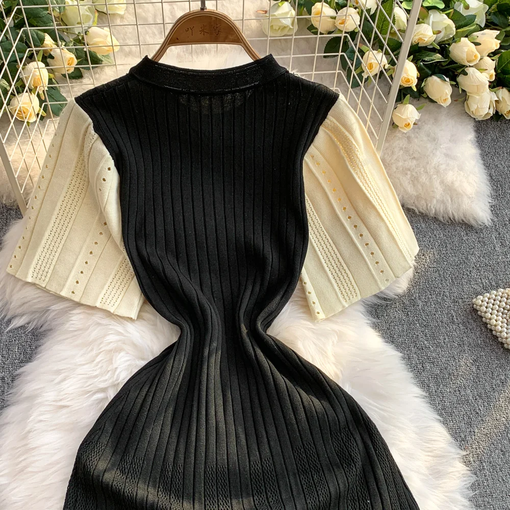 YuooMuoo Women Dress 2026 Spring and Summer Elegant Patchwork One-Piece Knitted Maxi Dress Office Lady Slim Waist Sweater Dress