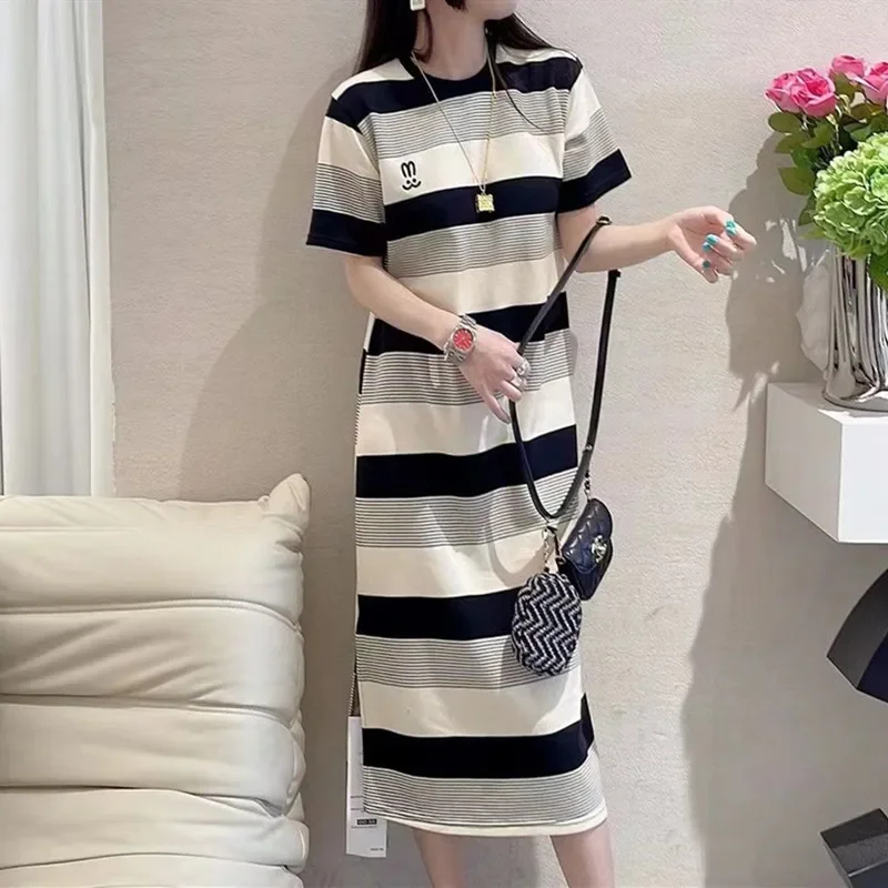 Striped Print Short Sleeve Midi Dress Summer Aesthetic Clothes Korean Fashion Casual Harajuku Dresses for Women 2023 Vestidos