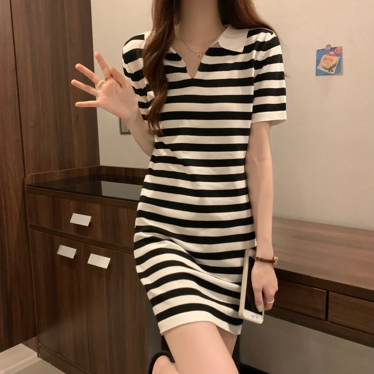 Striped Print Short Sleeve Midi Dress Summer Aesthetic Clothes Korean Fashion Casual Harajuku Dresses for Women 2023 Vestidos