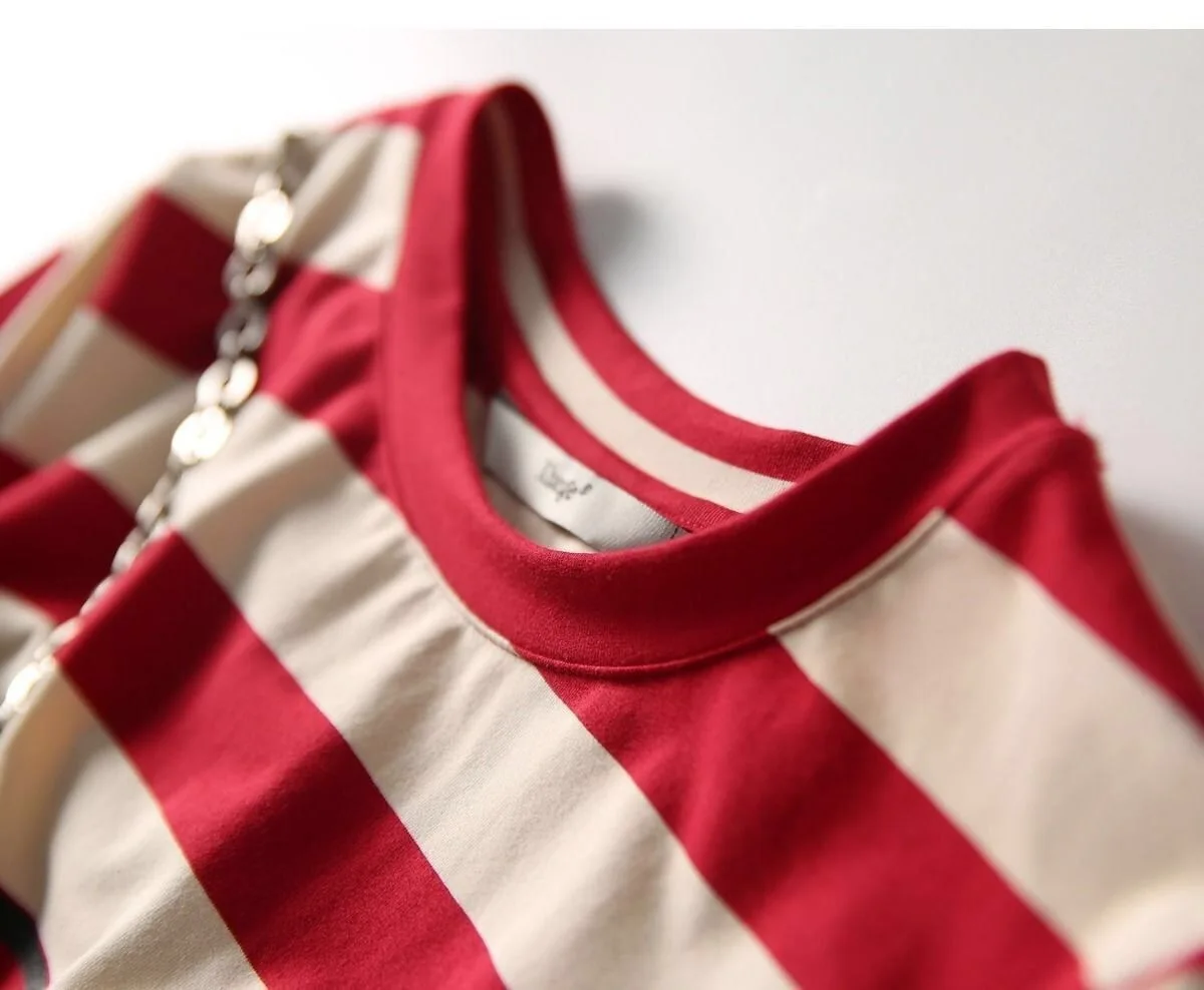 Striped Print Short Sleeve Midi Dress Summer Aesthetic Clothes Korean Fashion Casual Harajuku Dresses for Women 2023 Vestidos