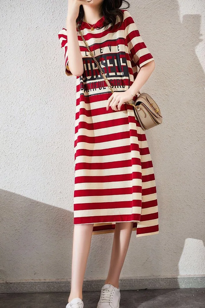 Striped Print Short Sleeve Midi Dress Summer Aesthetic Clothes Korean Fashion Casual Harajuku Dresses for Women 2023 Vestidos