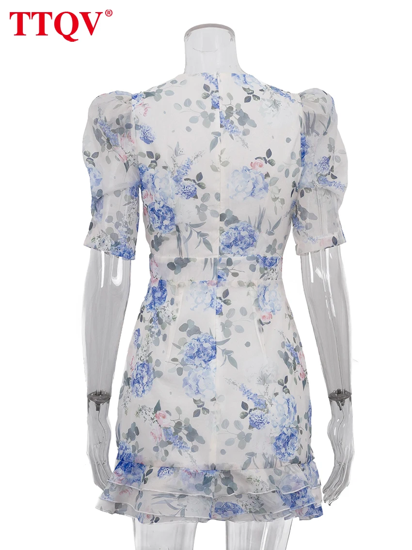 TTQV Summer Slim Print Women's Dress 2026 Fashion V-Neck Short Sleeve Mini Dresses Lady Elegant Classic Pleated Female Dress