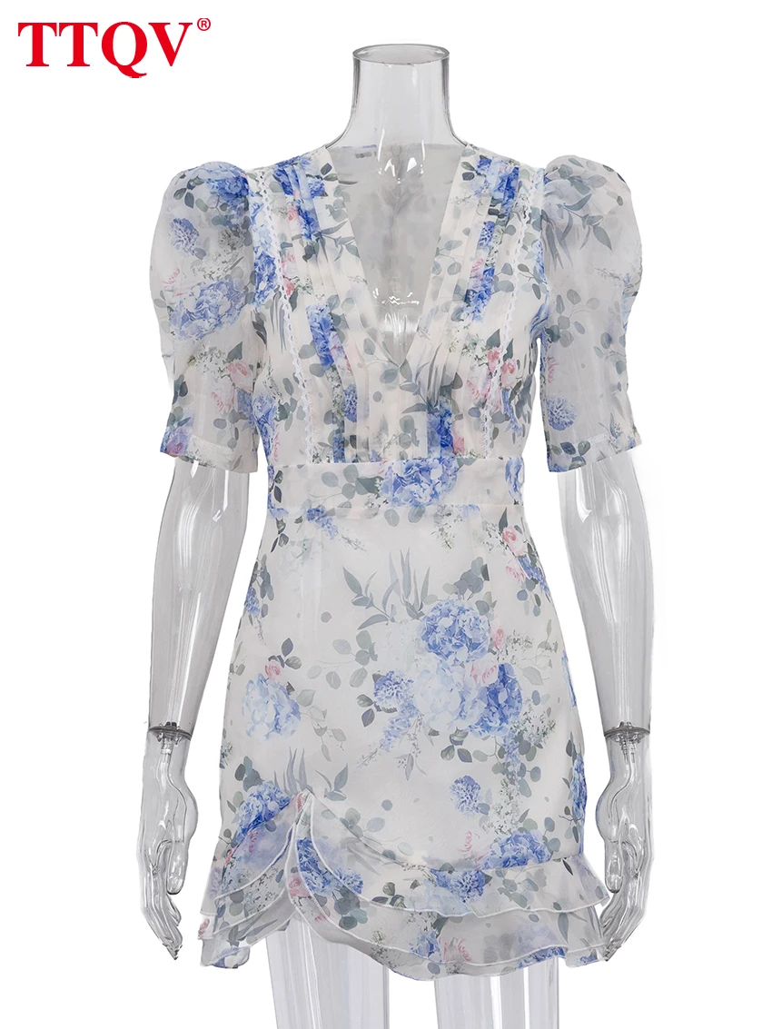 TTQV Summer Slim Print Women's Dress 2026 Fashion V-Neck Short Sleeve Mini Dresses Lady Elegant Classic Pleated Female Dress