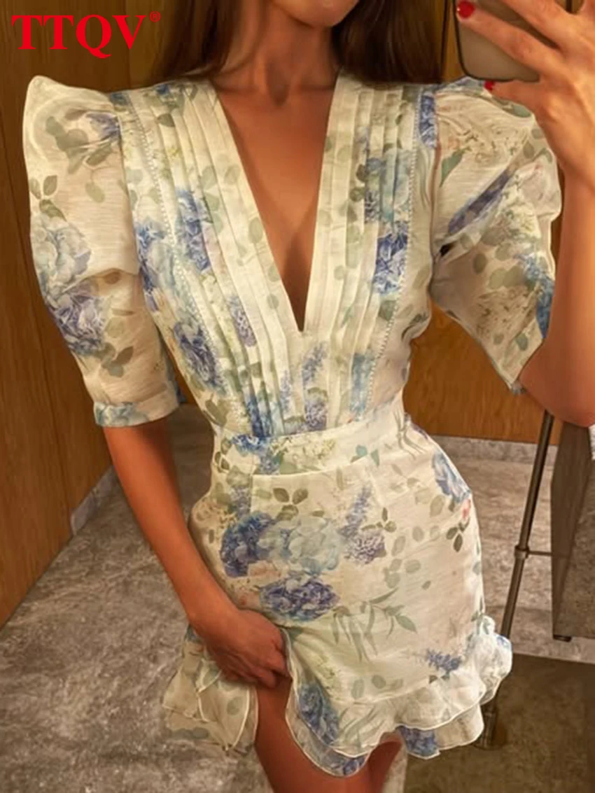 TTQV Summer Slim Print Women's Dress 2026 Fashion V-Neck Short Sleeve Mini Dresses Lady Elegant Classic Pleated Female Dress
