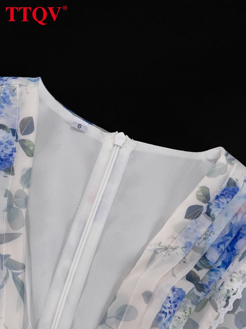TTQV Summer Slim Print Women's Dress 2026 Fashion V-Neck Short Sleeve Mini Dresses Lady Elegant Classic Pleated Female Dress