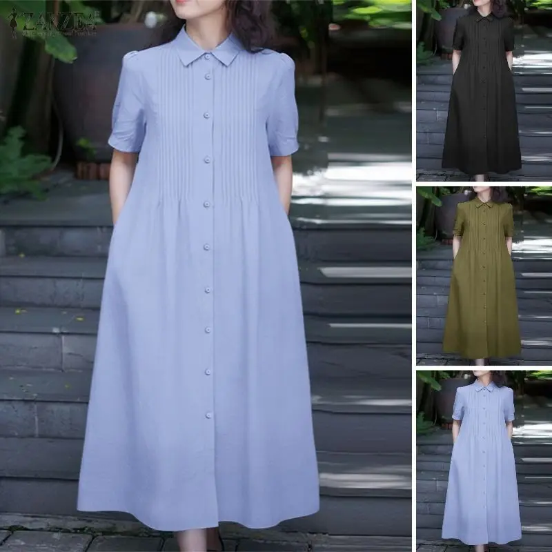 ZANZEA Women 2026 Summer Dress Elegant OL Work Midi Dresses Casual Short Sleeve Buttons Up Sundress Solid Pleated Vestidos Robe