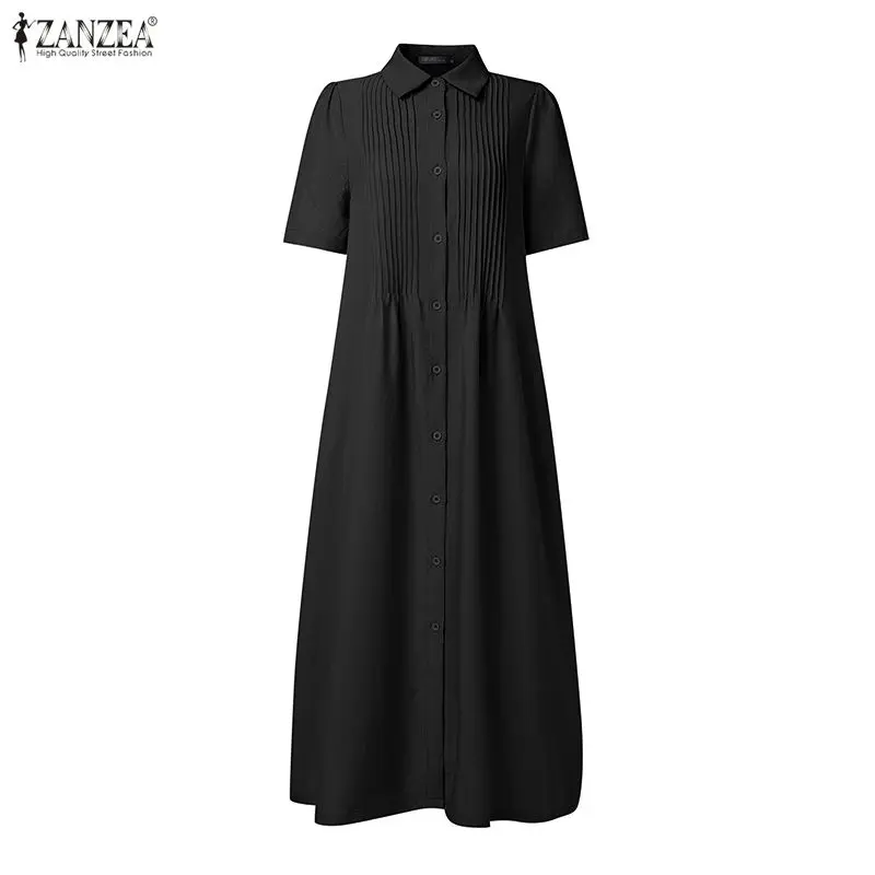 ZANZEA Women 2026 Summer Dress Elegant OL Work Midi Dresses Casual Short Sleeve Buttons Up Sundress Solid Pleated Vestidos Robe