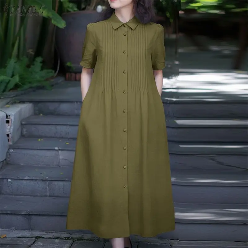 ZANZEA Women 2026 Summer Dress Elegant OL Work Midi Dresses Casual Short Sleeve Buttons Up Sundress Solid Pleated Vestidos Robe