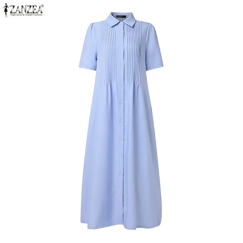 ZANZEA Women 2026 Summer Dress Elegant OL Work Midi Dresses Casual Short Sleeve Buttons Up Sundress Solid Pleated Vestidos Robe