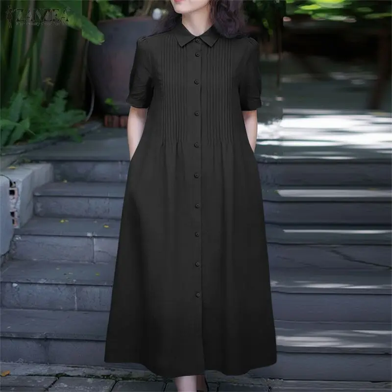 ZANZEA Women 2026 Summer Dress Elegant OL Work Midi Dresses Casual Short Sleeve Buttons Up Sundress Solid Pleated Vestidos Robe