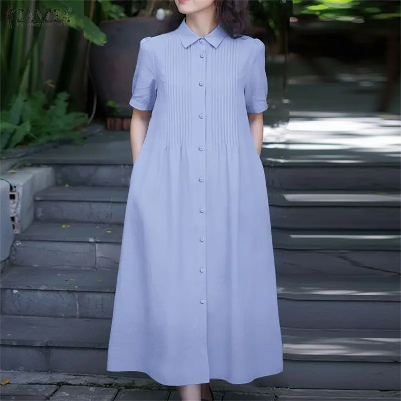 ZANZEA Women 2026 Summer Dress Elegant OL Work Midi Dresses Casual Short Sleeve Buttons Up Sundress Solid Pleated Vestidos Robe