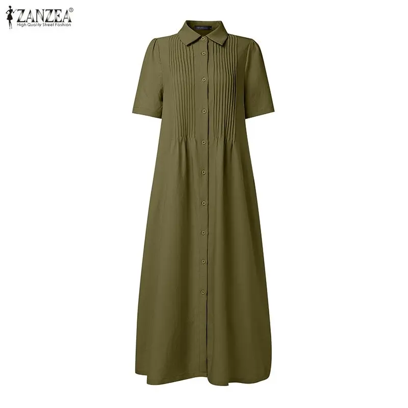 ZANZEA Women 2026 Summer Dress Elegant OL Work Midi Dresses Casual Short Sleeve Buttons Up Sundress Solid Pleated Vestidos Robe