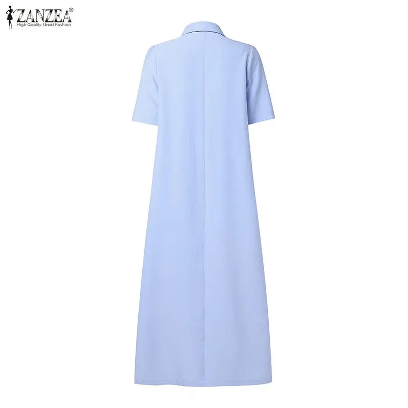 ZANZEA Women 2026 Summer Dress Elegant OL Work Midi Dresses Casual Short Sleeve Buttons Up Sundress Solid Pleated Vestidos Robe