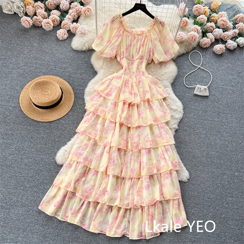 Ladies Party Vestidos 2026 Spring Autumn Retro Bubble Sleeves Lady Birthday Cake Dress High-end Korean Version Women's Dress