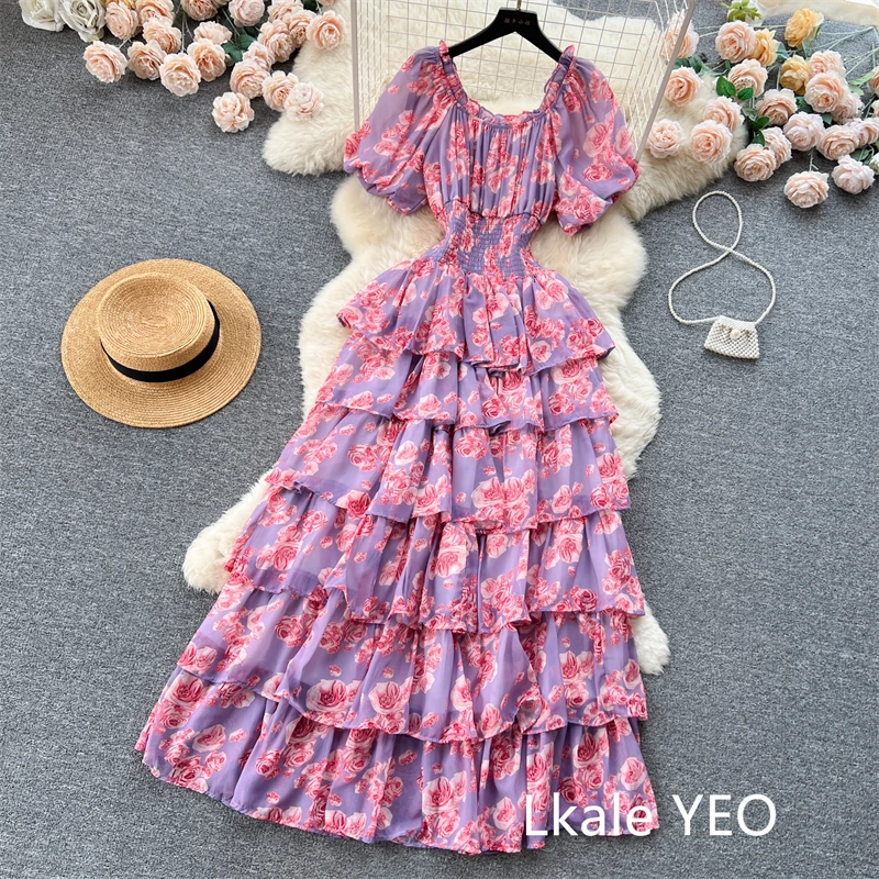 Ladies Party Vestidos 2026 Spring Autumn Retro Bubble Sleeves Lady Birthday Cake Dress High-end Korean Version Women's Dress