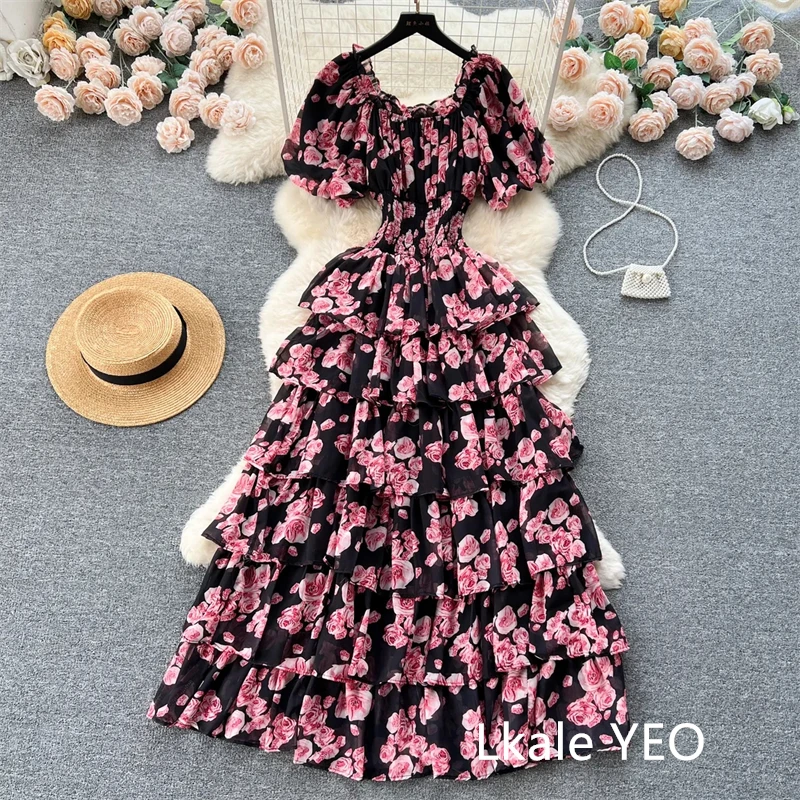 Ladies Party Vestidos 2026 Spring Autumn Retro Bubble Sleeves Lady Birthday Cake Dress High-end Korean Version Women's Dress