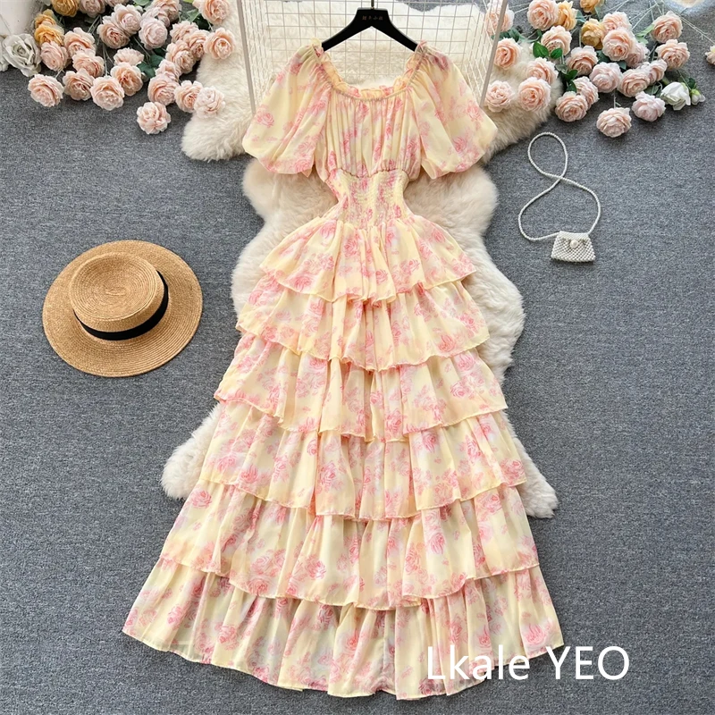 Ladies Party Vestidos 2026 Spring Autumn Retro Bubble Sleeves Lady Birthday Cake Dress High-end Korean Version Women's Dress