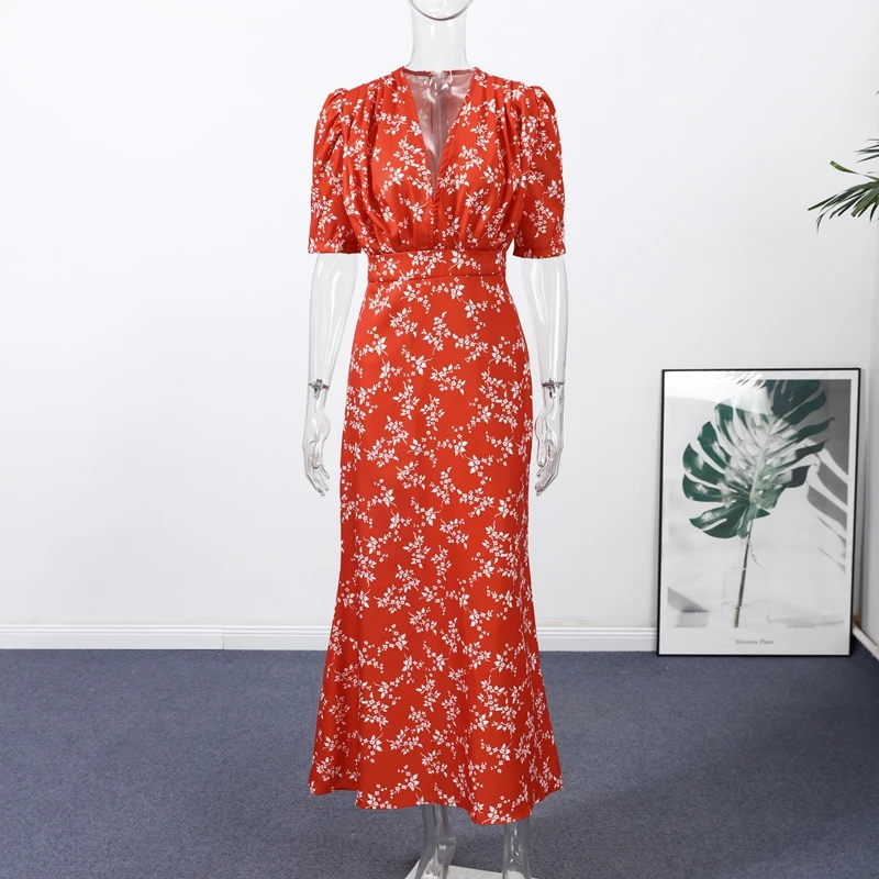 Sexy Deep V-neck Women's Floral Print Dresses 2026 Summer Elegant Waist-cinching Short Sleeve Pleated Long Robes Ladies Dress