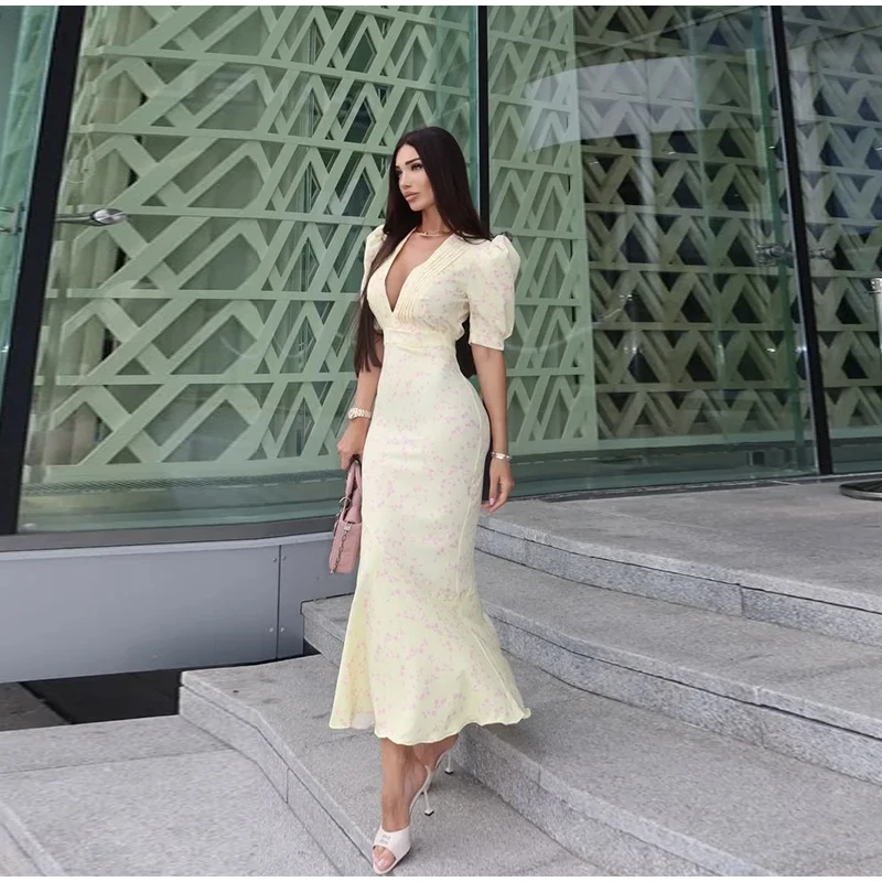 Sexy Deep V-neck Women's Floral Print Dresses 2026 Summer Elegant Waist-cinching Short Sleeve Pleated Long Robes Ladies Dress