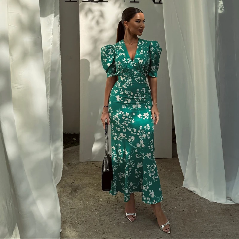 Sexy Deep V-neck Women's Floral Print Dresses 2026 Summer Elegant Waist-cinching Short Sleeve Pleated Long Robes Ladies Dress