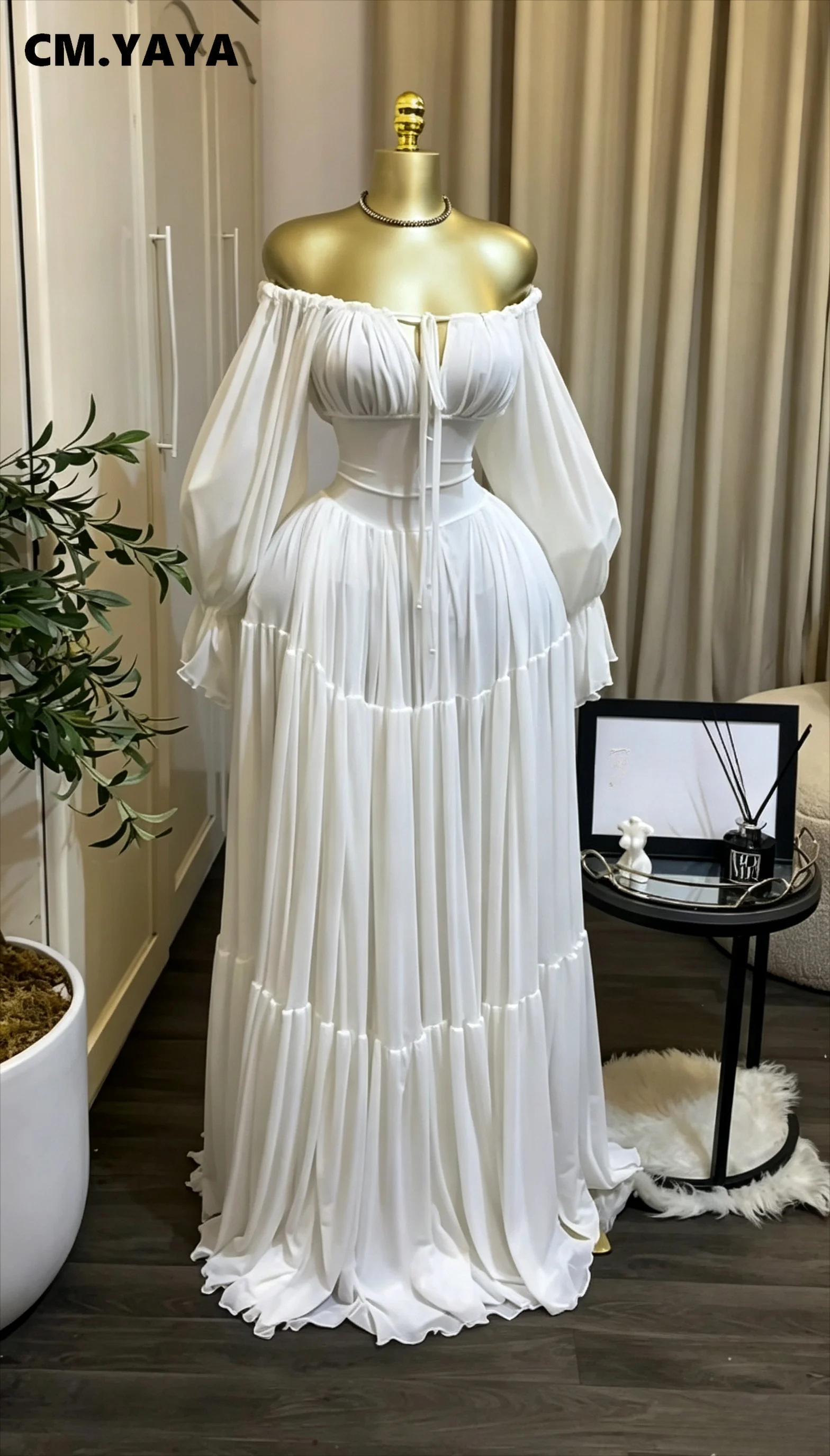 CM.YAYA 2026 Fall Winter Women Long Sleeve Halter Big Swing Long Maxi Dress Evening Birthday Trendy Sexy Vacation Party Dresses