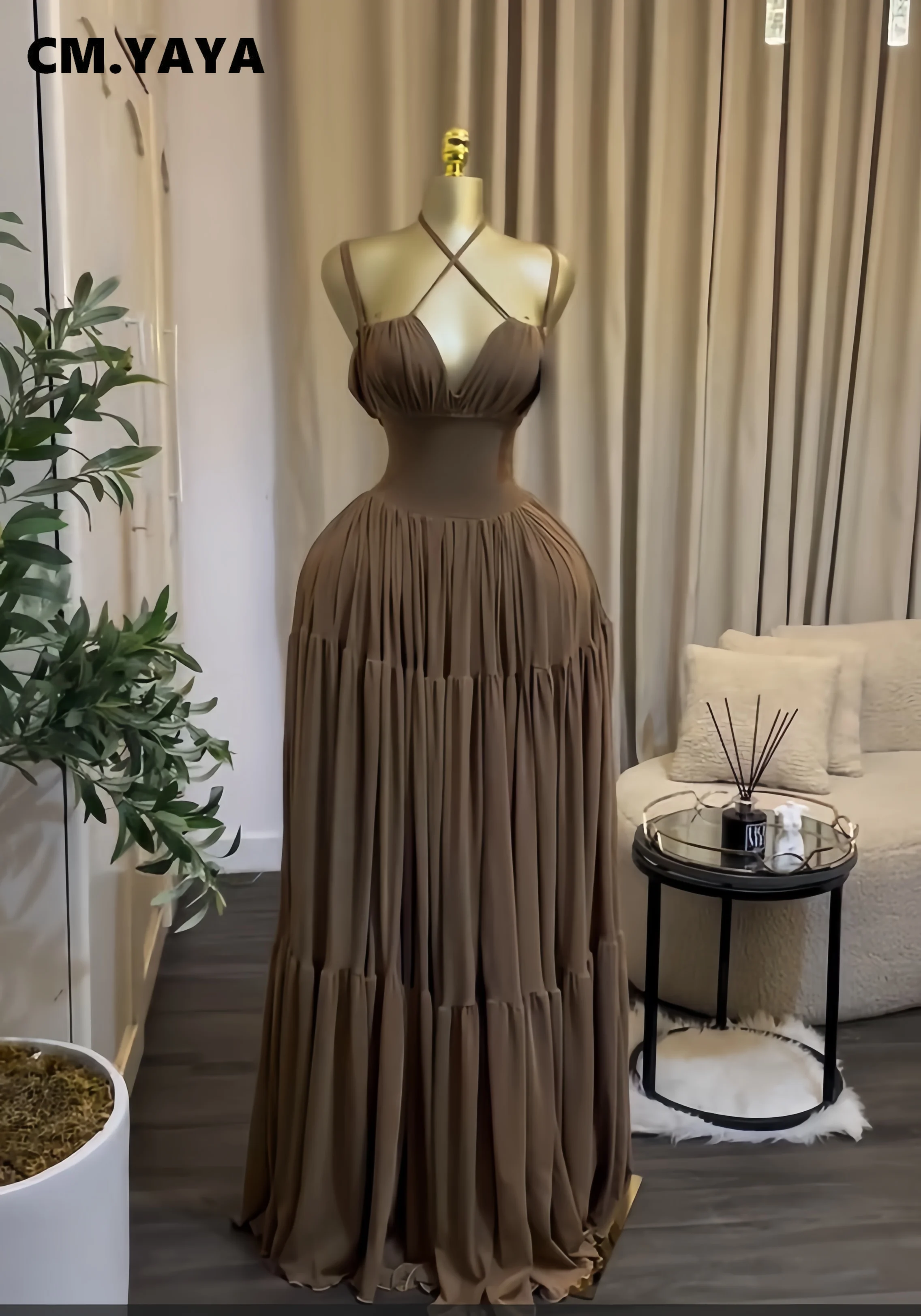 CM.YAYA 2026 Fall Winter Women Long Sleeve Halter Big Swing Long Maxi Dress Evening Birthday Trendy Sexy Vacation Party Dresses