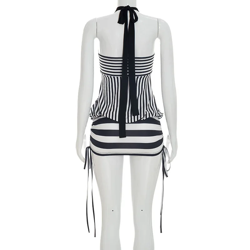 Women Summer Sexy Strapless Striped Bandage Waist Mini Dress Slim Bodycon Short Party Dresses