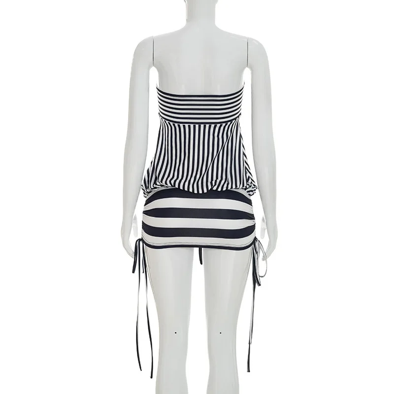 Women Summer Sexy Strapless Striped Bandage Waist Mini Dress Slim Bodycon Short Party Dresses