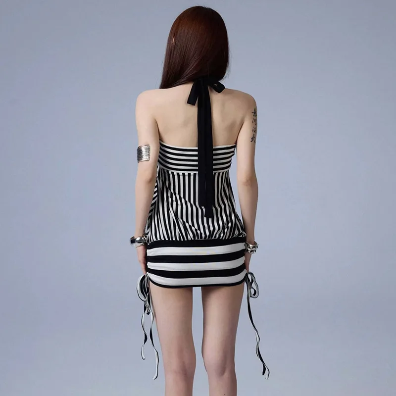 Women Summer Sexy Strapless Striped Bandage Waist Mini Dress Slim Bodycon Short Party Dresses