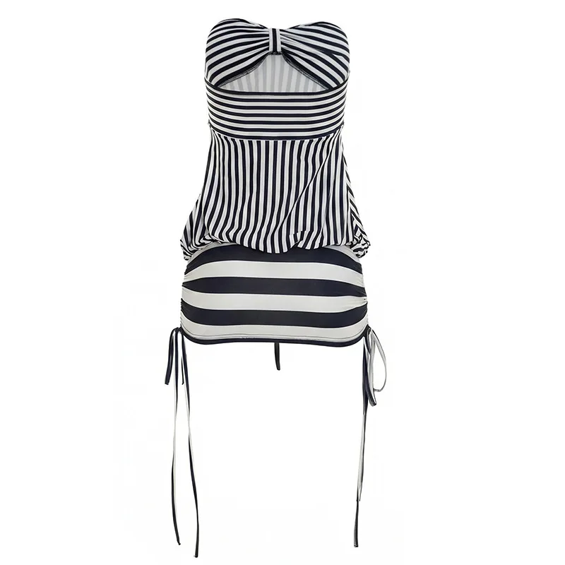 Women Summer Sexy Strapless Striped Bandage Waist Mini Dress Slim Bodycon Short Party Dresses