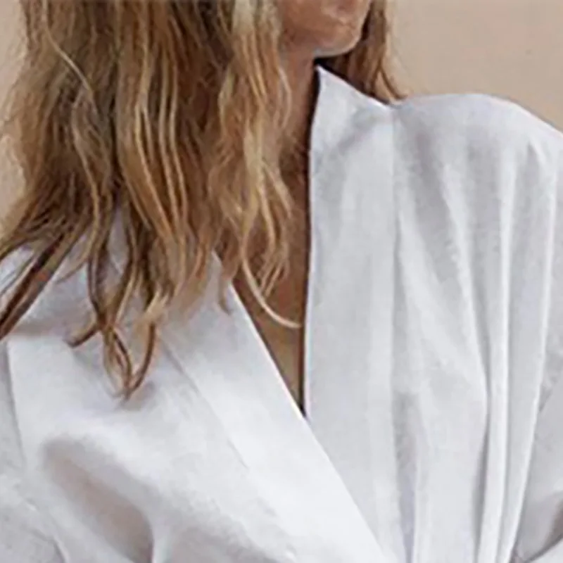 Women's V-Neck Kimono Cardigan Mini Dress Cotton Linen Long Sleeve Sashes Dresses Robe Style Lace Up Summer Loose Vestidos