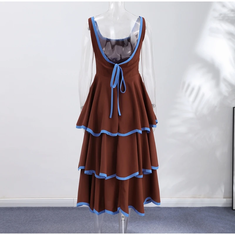 Fashion Contrast Ruffle Maxi Dress Women Sexy U Neck Sleeveless High Waist Loose Long Dresses 2026 Spring Summer Lady Boho Robe