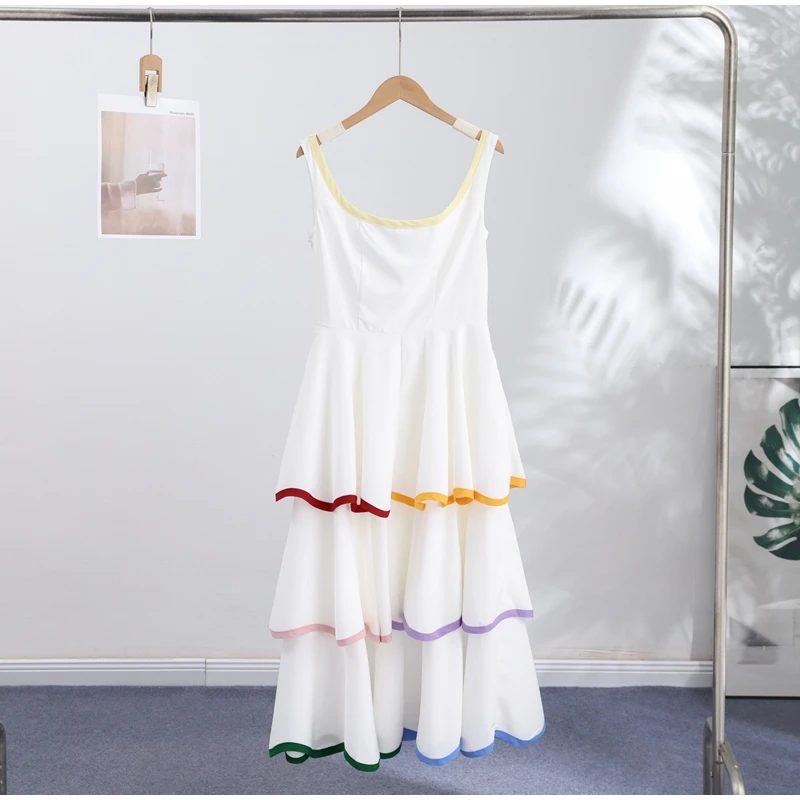Fashion Contrast Ruffle Maxi Dress Women Sexy U Neck Sleeveless High Waist Loose Long Dresses 2026 Spring Summer Lady Boho Robe