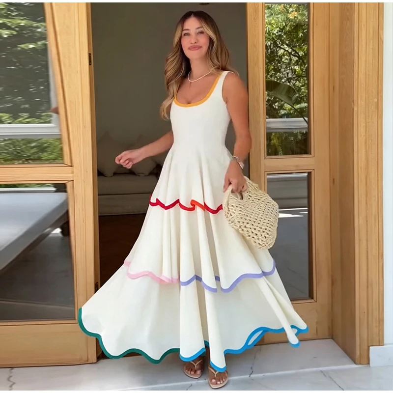 Fashion Contrast Ruffle Maxi Dress Women Sexy U Neck Sleeveless High Waist Loose Long Dresses 2026 Spring Summer Lady Boho Robe